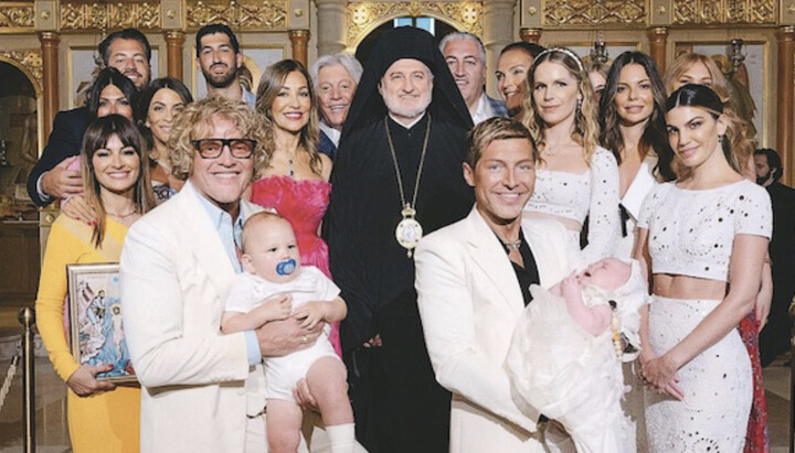 Archbishop Elpidophoros after baptising the children of a gay couple. Photo: neoskosmos