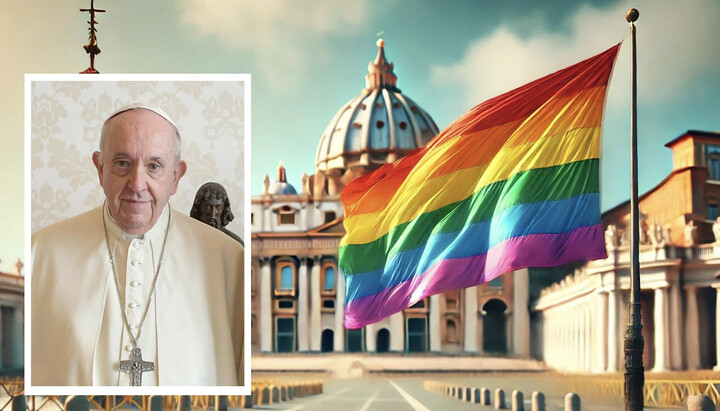 Pope Francis and the LGBT flag against the backdrop of St. Peter's Basilica in Rome. Photo: gloria.tv