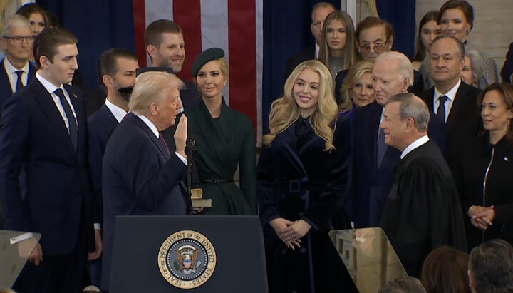 Donald Trump during the oath of office. Photo: screenshot from Donald J. Trump’s YouTube channel