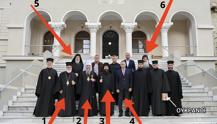 1. Митрополит милитупољски Апостол, Цариградска Патријаршија; 2. Думенко; 3. протоепистат Атоса ава Аврам Лавриот; 4. Алкивијад Стефанис, грађански управник Атоса; 5. јеромонах Гаврило