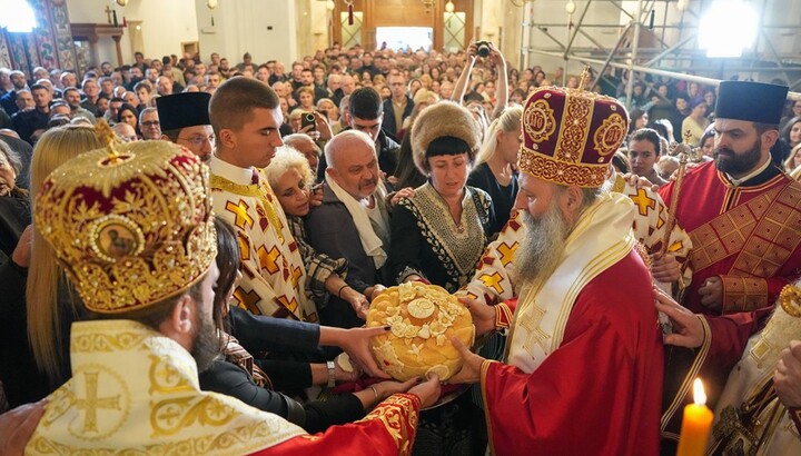 Патријарх, саслужитељи и верни народ освештавају славске дарове. Фото: СПЦ